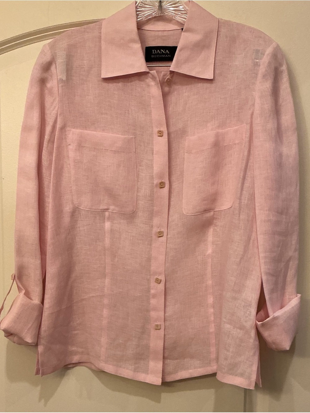Dana Buchman Pink 100% Linen Roll Tab Button Down Utility Shirt Size 6